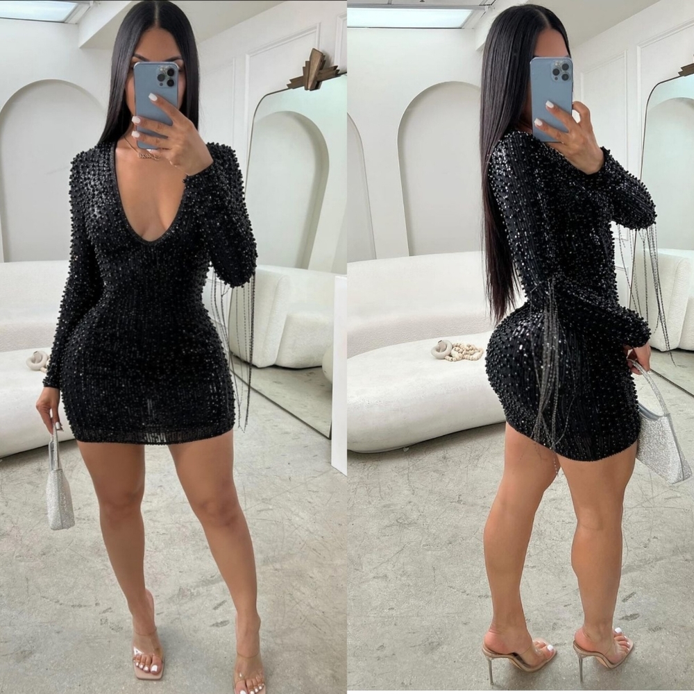 HERA COLLECTION Beaded stone deep vneck dress